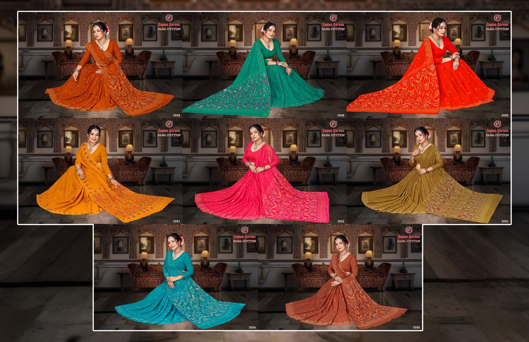 Sana Cotton Soft Cotton Printed Saree with Designer Pallu - 8 Pcs Set