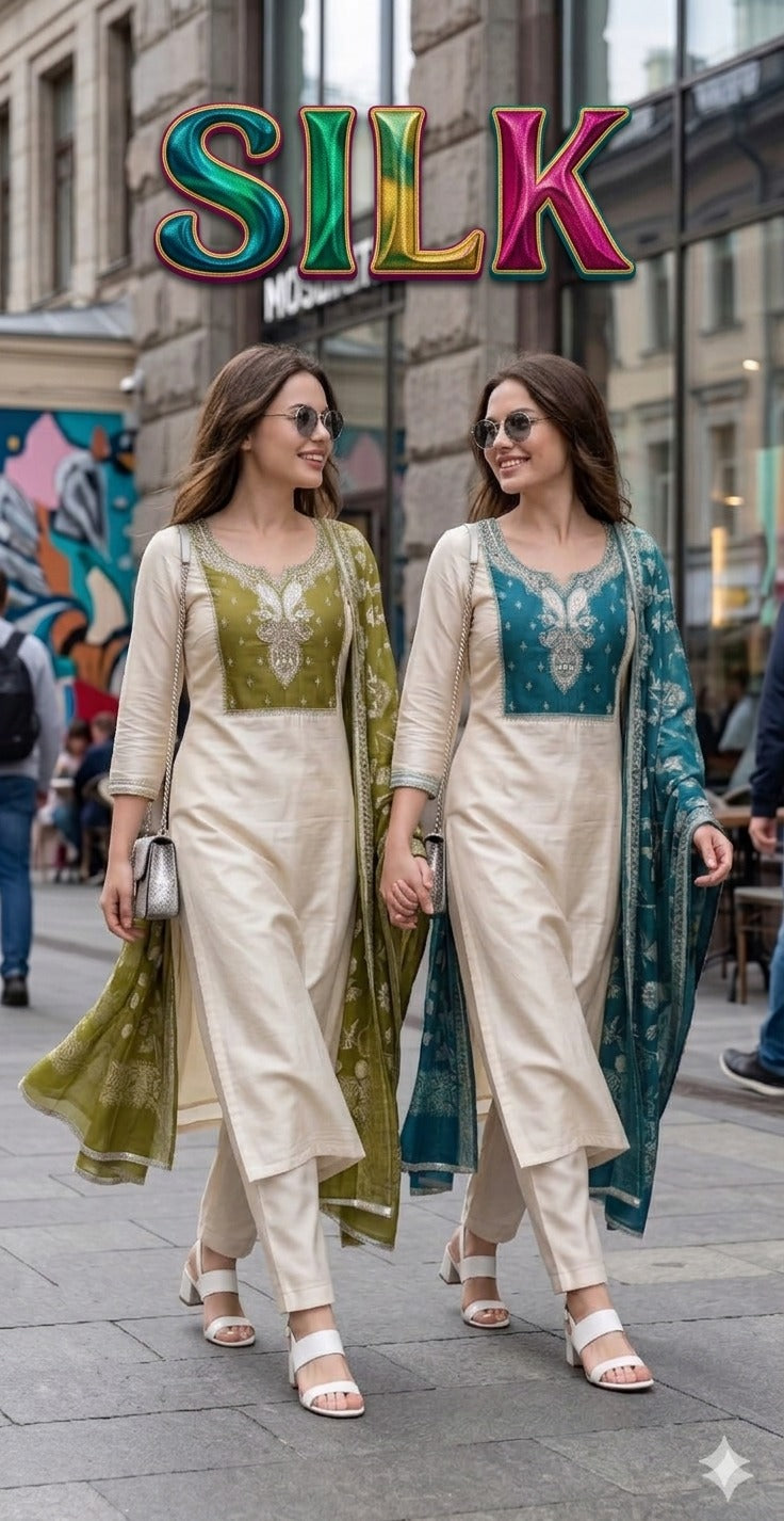 Silk Kurti Pant Dupatta Set Heavy Work - 2 Pcs Set