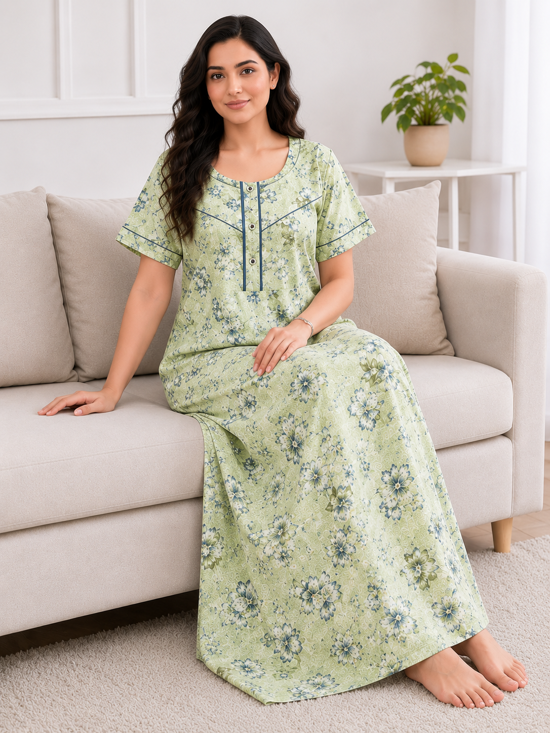 Women's Soft Cotton Printed Nighty - Full Length Sleepwear 4 Pcs Set