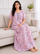 Women's Soft Cotton Printed Nighty - Full Length Sleepwear 4 Pcs Set
