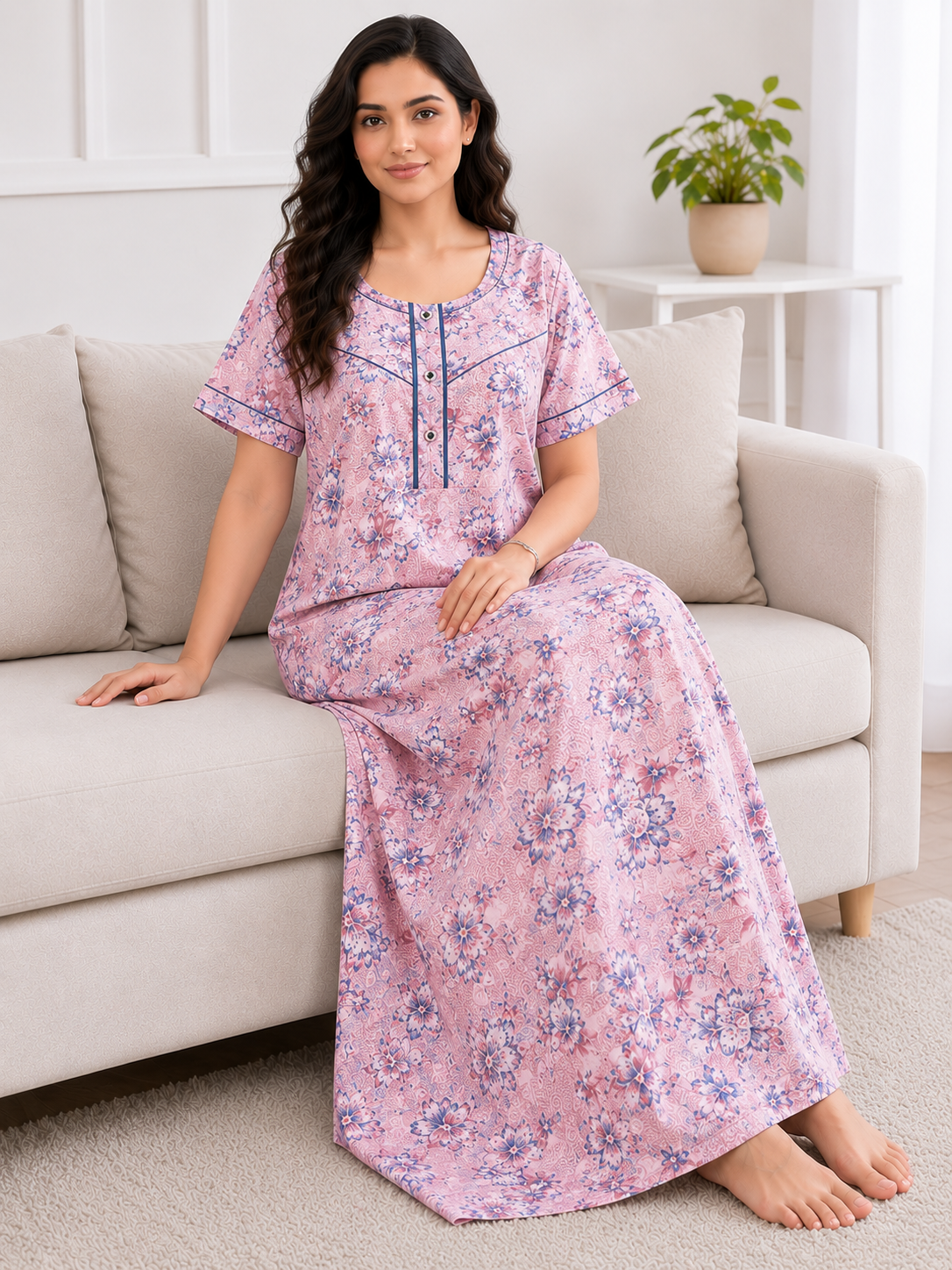 Women's Soft Cotton Printed Nighty - Full Length Sleepwear 4 Pcs Set