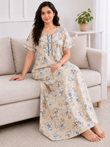 Women's Soft Cotton Printed Nighty - Full Length Sleepwear 4 Pcs Set