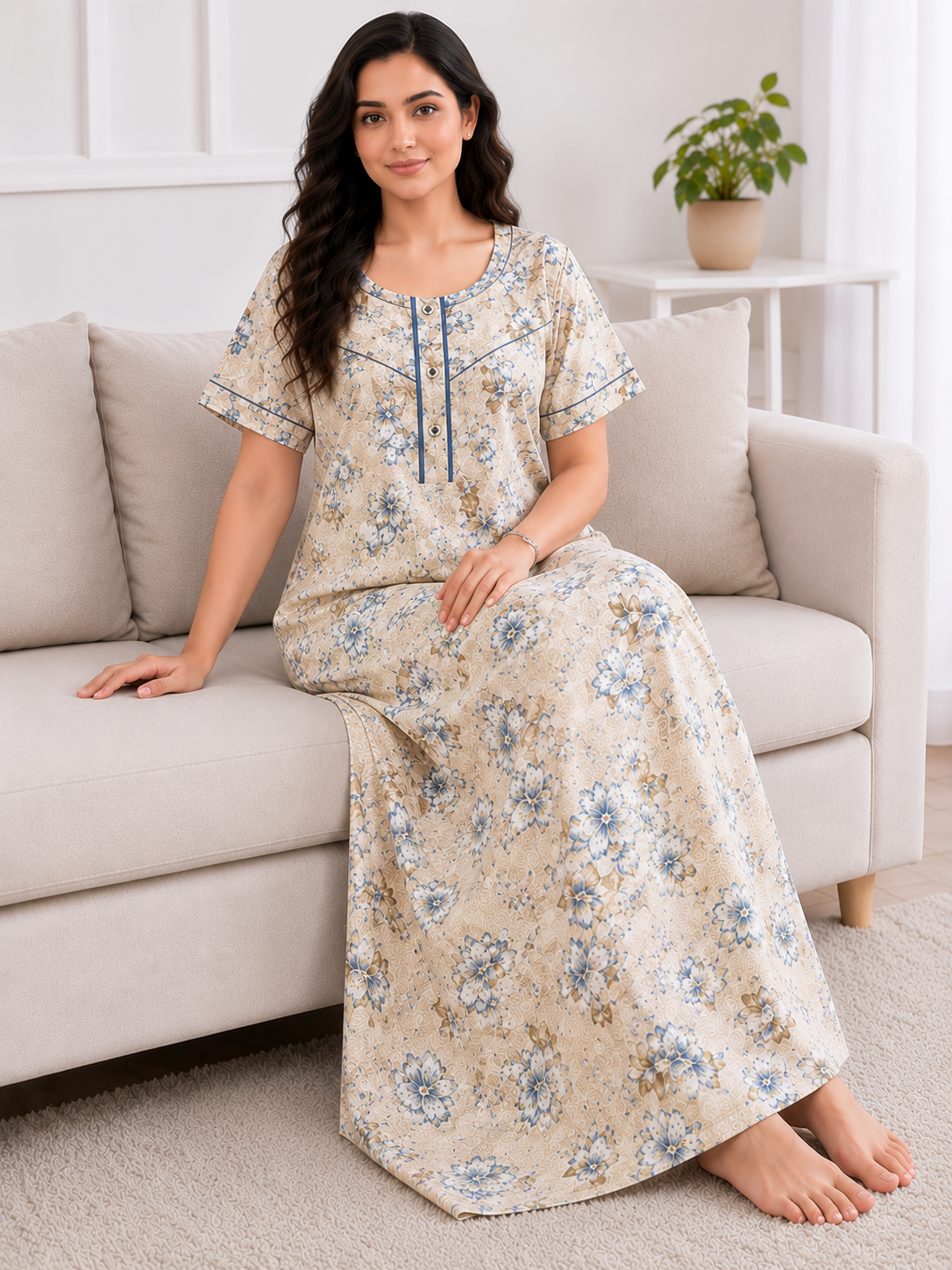 Women's Soft Cotton Printed Nighty - Full Length Sleepwear 4 Pcs Set