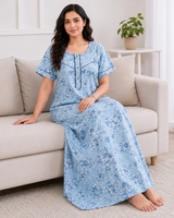 Women's Soft Cotton Printed Nighty - Full Length Sleepwear 4 Pcs Set