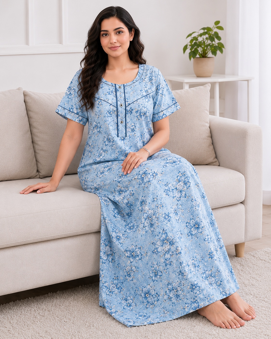 Women's Soft Cotton Printed Nighty - Full Length Sleepwear 4 Pcs Set