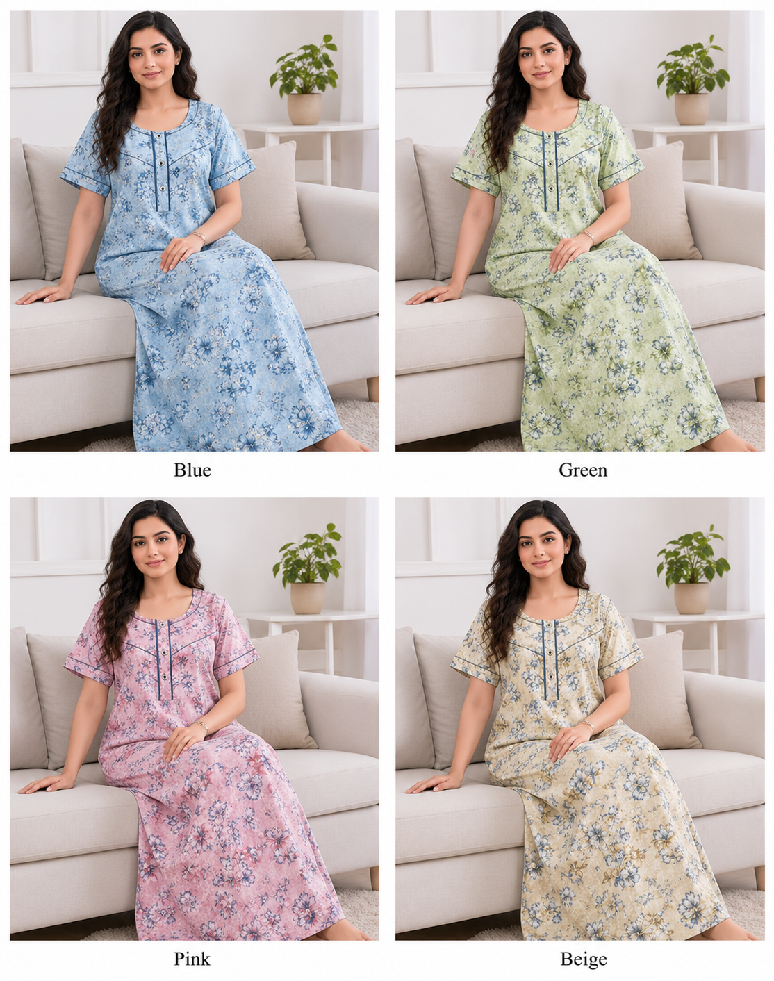 Women's Soft Cotton Printed Nighty - Full Length Sleepwear 4 Pcs Set