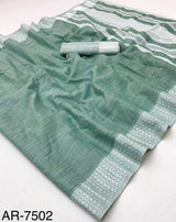 Aarzoo Soft Linen Silk Saree with Chikankari Weaved Border - 6 Pcs Set