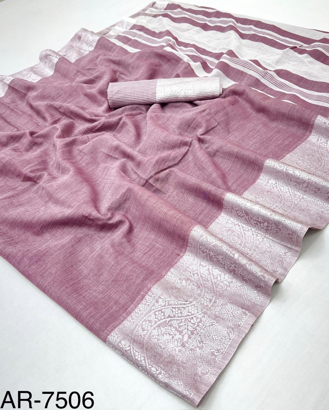 Aarzoo Soft Linen Silk Saree with Chikankari Weaved Border - 6 Pcs Set