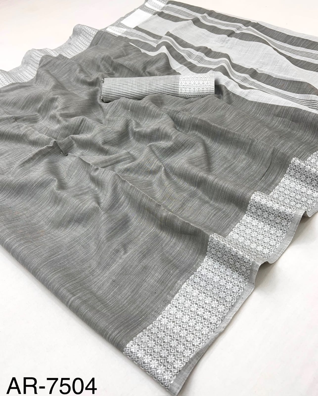Aarzoo Soft Linen Silk Saree with Chikankari Weaved Border - 6 Pcs Set