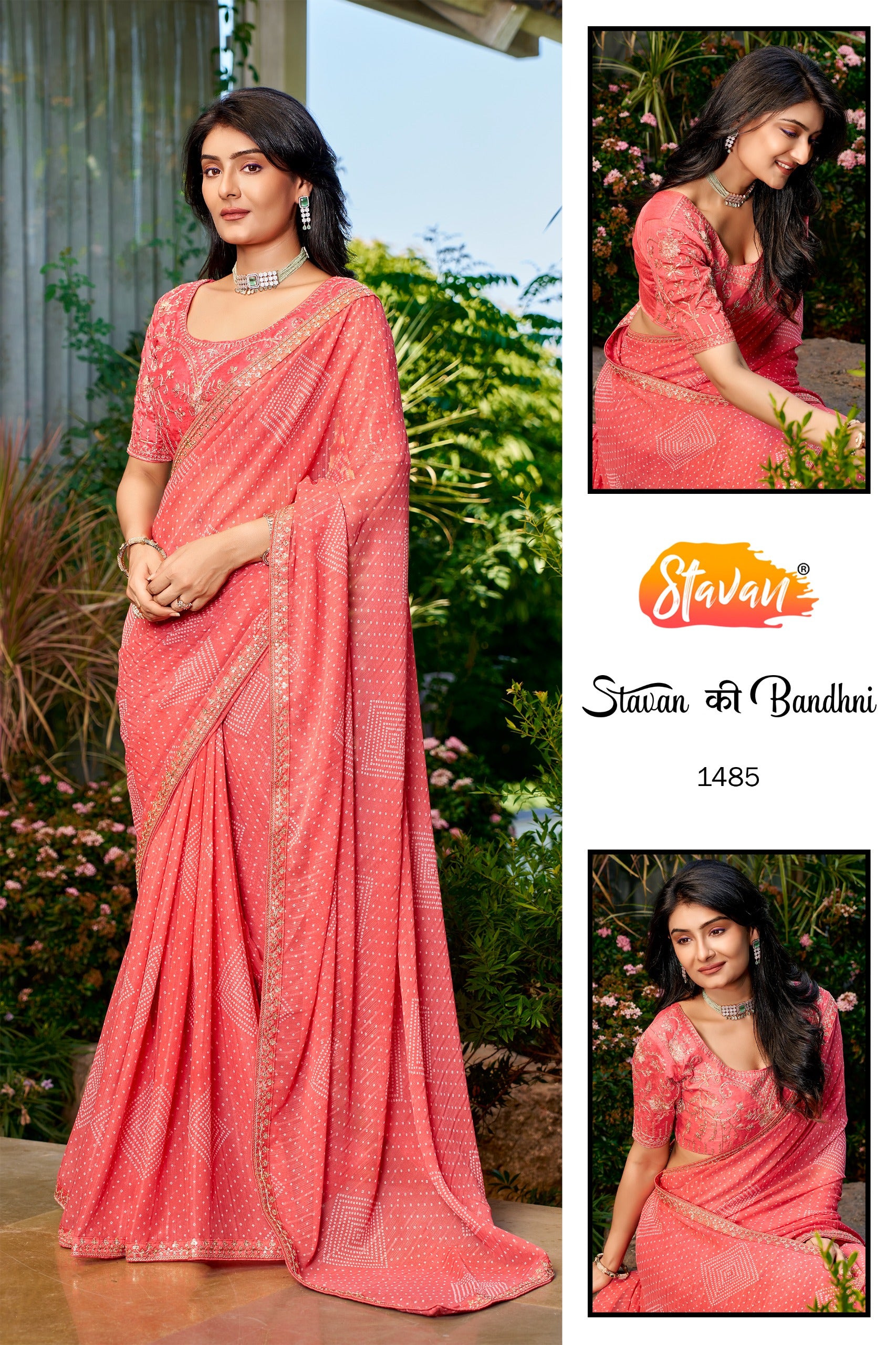 Stavan Bandhni Georgette Saree - Embroidery Border & Designer Blouse Set 8 Pcs Set