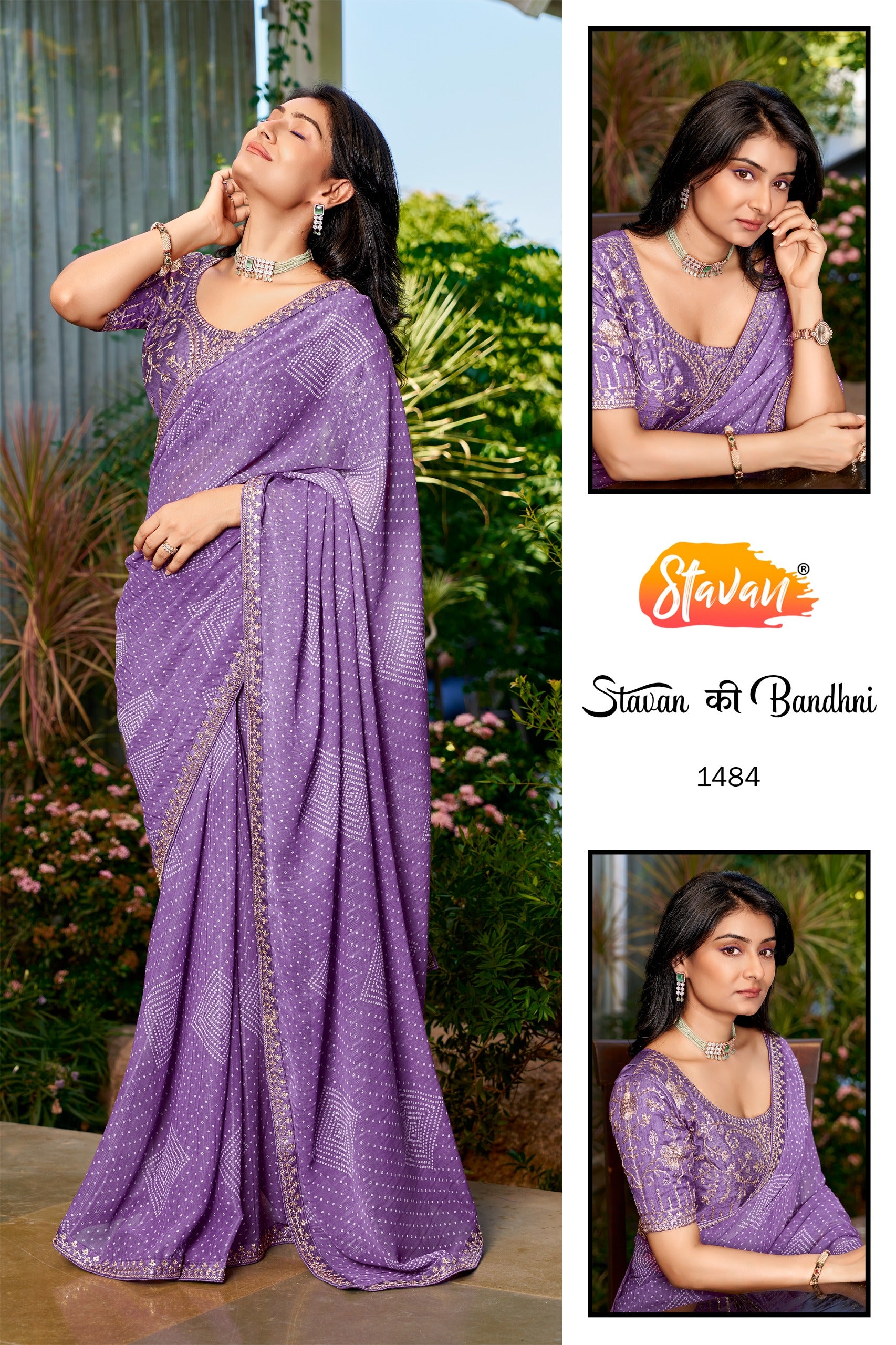 Stavan Bandhni Georgette Saree - Embroidery Border & Designer Blouse Set 8 Pcs Set