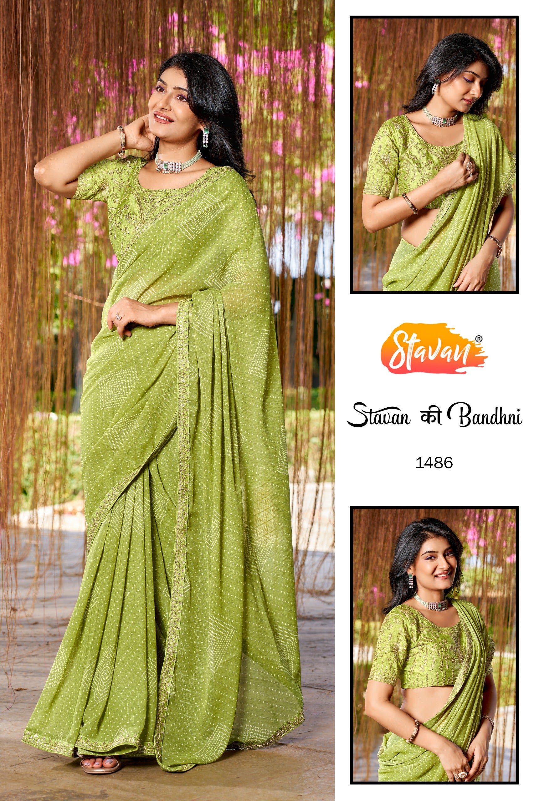 Stavan Bandhni Georgette Saree - Embroidery Border & Designer Blouse Set 8 Pcs Set