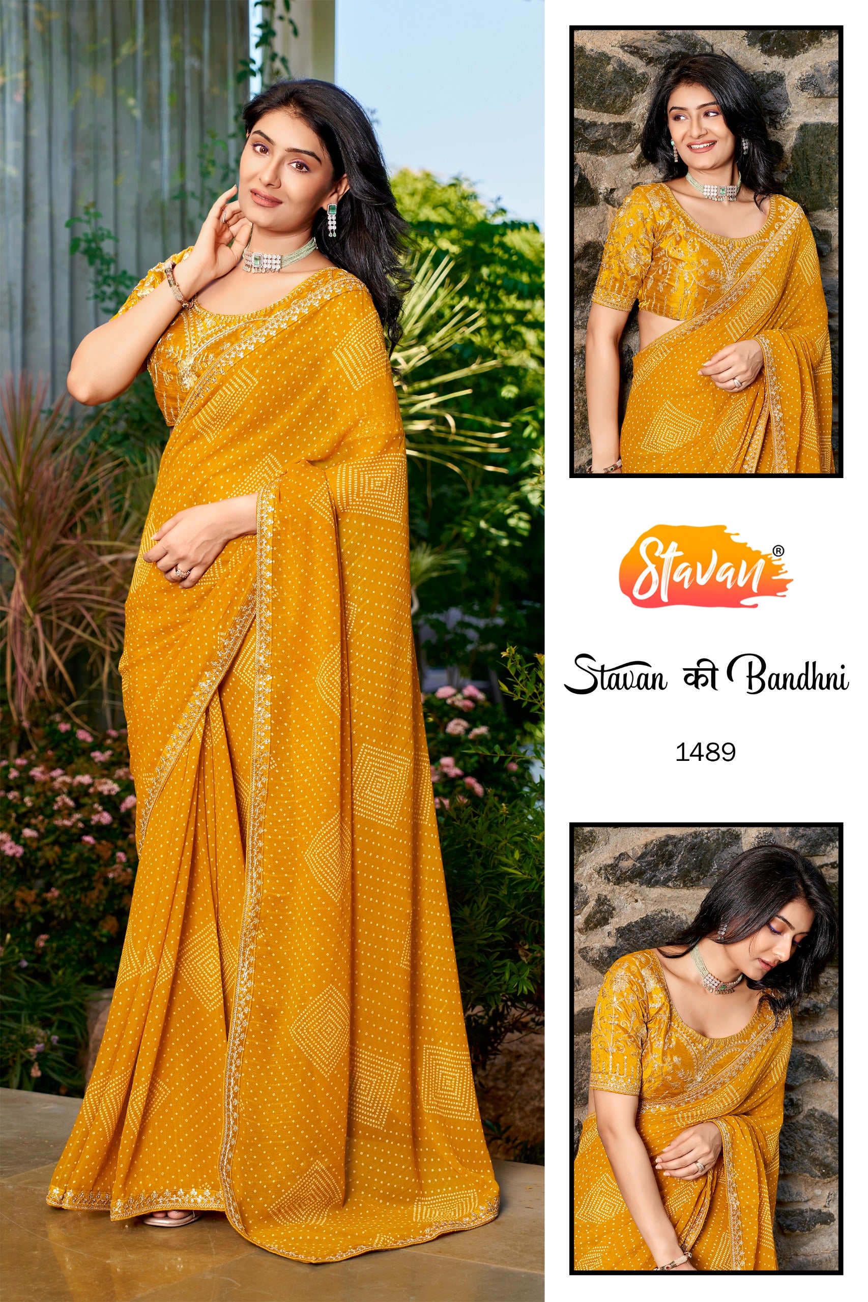 Stavan Bandhni Georgette Saree - Embroidery Border & Designer Blouse Set 8 Pcs Set