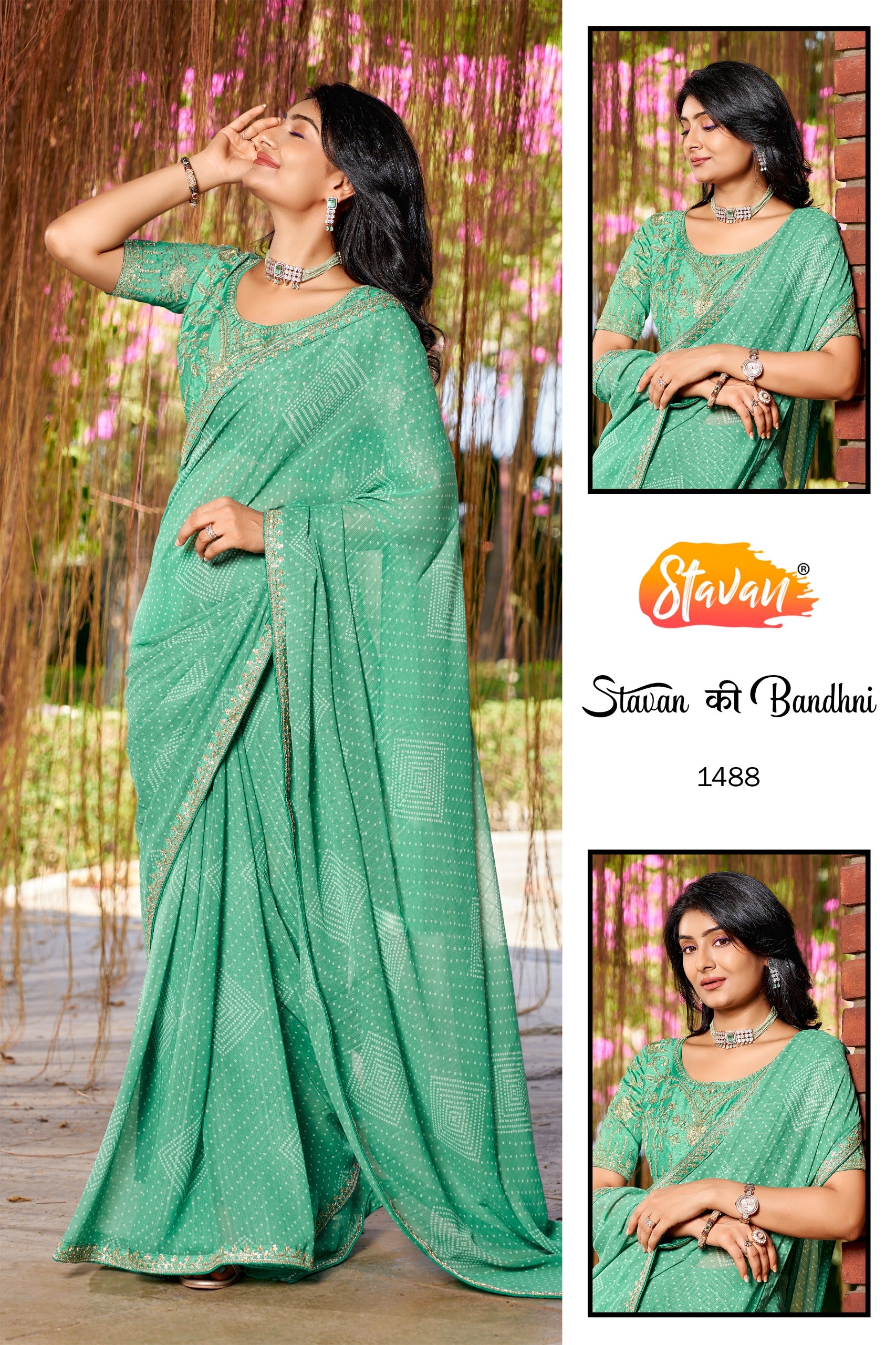 Stavan Bandhni Georgette Saree - Embroidery Border & Designer Blouse Set 8 Pcs Set