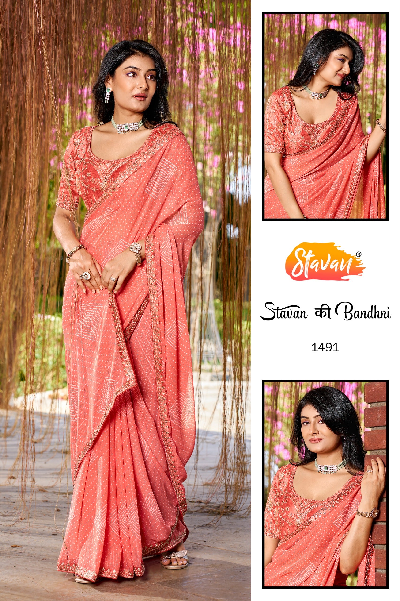 Stavan Bandhni Georgette Saree - Embroidery Border & Designer Blouse Set 8 Pcs Set