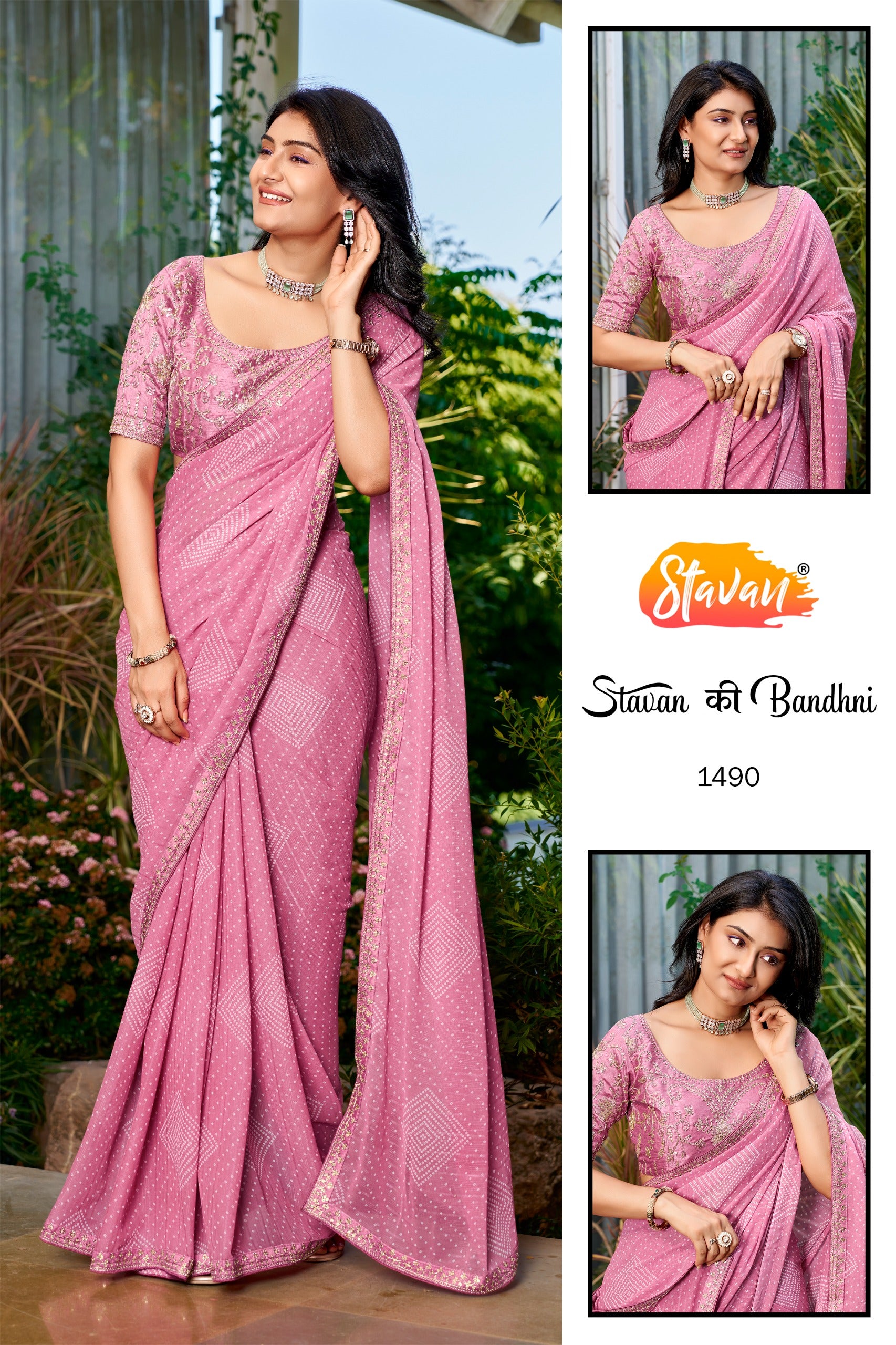 Stavan Bandhni Georgette Saree - Embroidery Border & Designer Blouse Set 8 Pcs Set