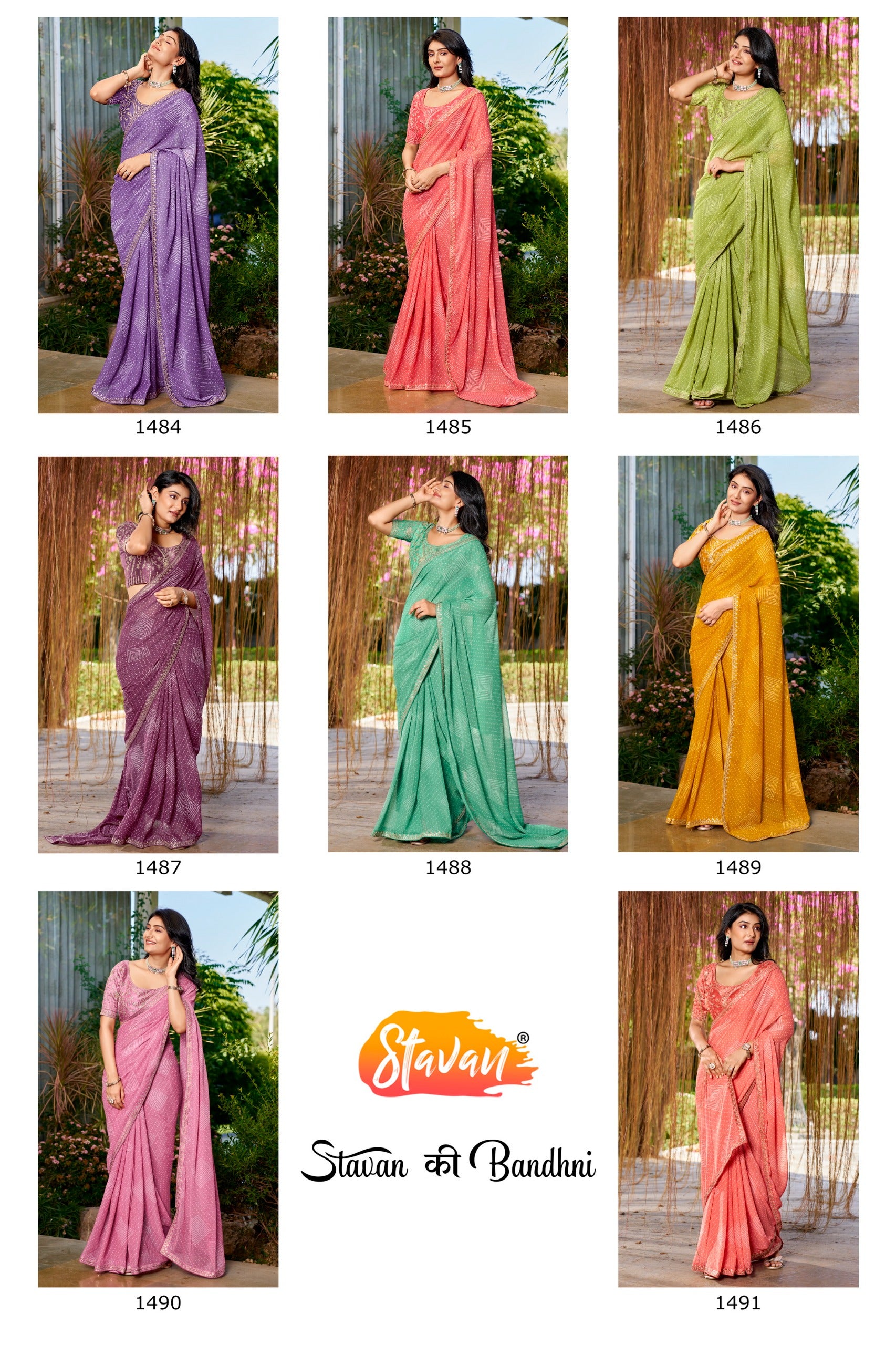 Stavan Bandhni Georgette Saree - Embroidery Border & Designer Blouse Set 8 Pcs Set