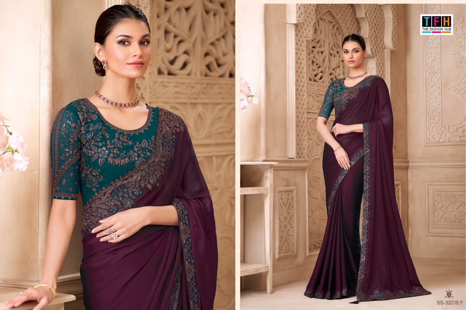 TFH Designer Saree Set - Satin Georgette Party Wear Collection - 6 pcs Set