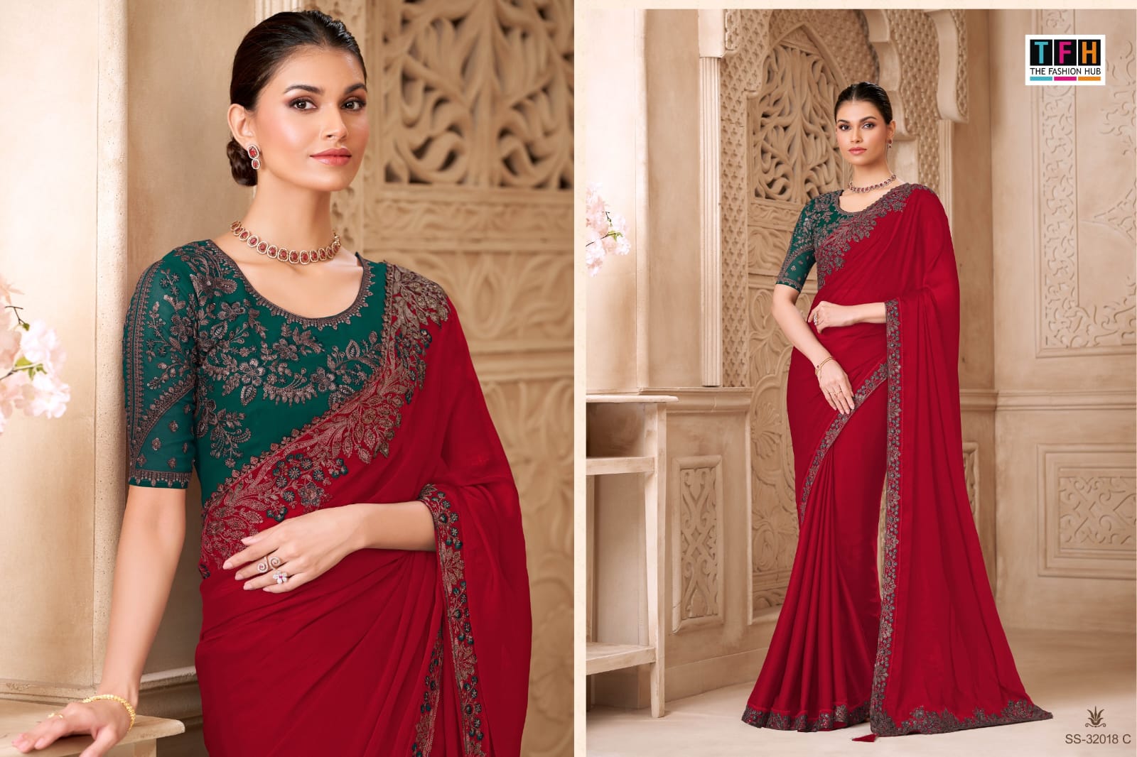 TFH Designer Saree Set - Satin Georgette Party Wear Collection - 6 pcs Set