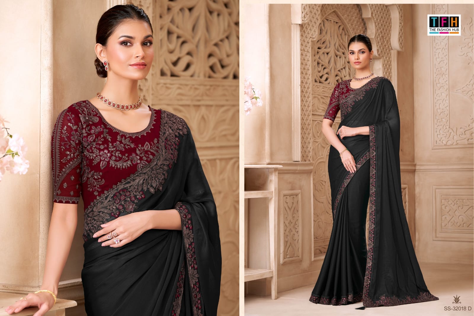 TFH Designer Saree Set - Satin Georgette Party Wear Collection - 6 pcs Set