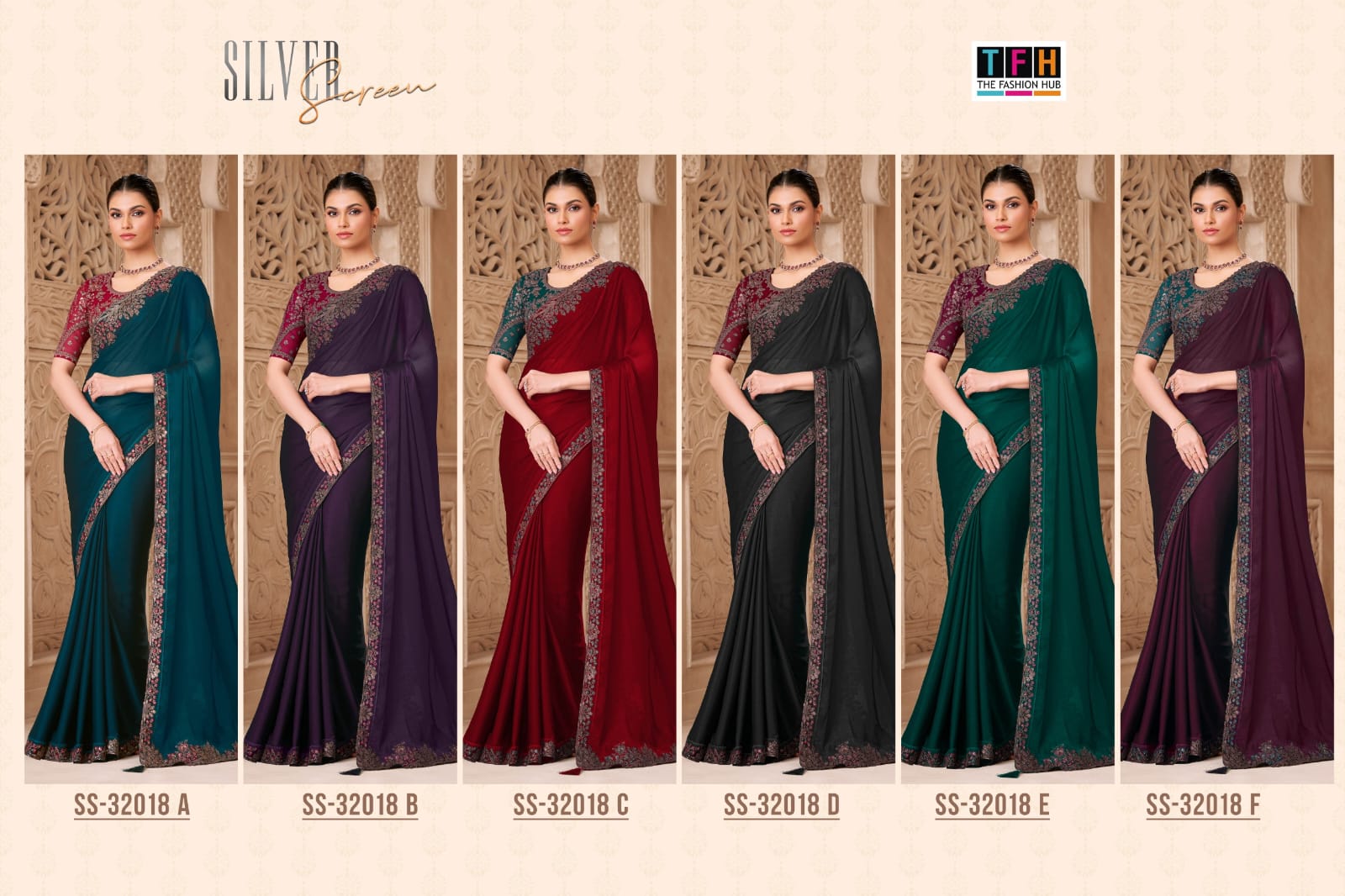 TFH Designer Saree Set - Satin Georgette Party Wear Collection - 6 pcs Set