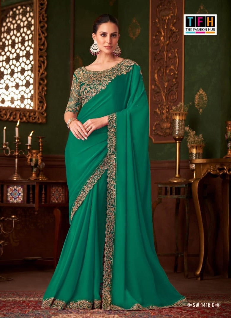 TFH Sandal Wood-14 SW-1416 Hit Design Party Wear Saree - 4 Pcs Set