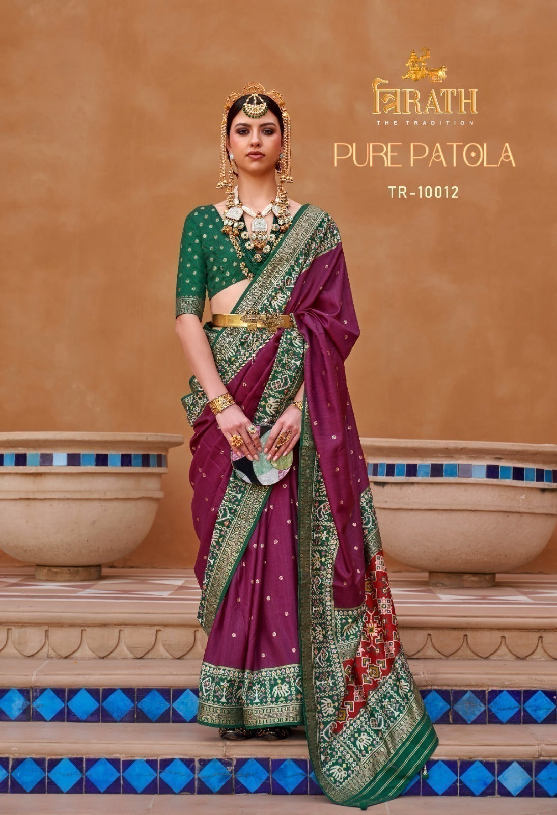 TRIRATH Pure Patola Mercerized Sigma Silk Saree (11 Pcs Set) with Gold Print & Designer Blouse