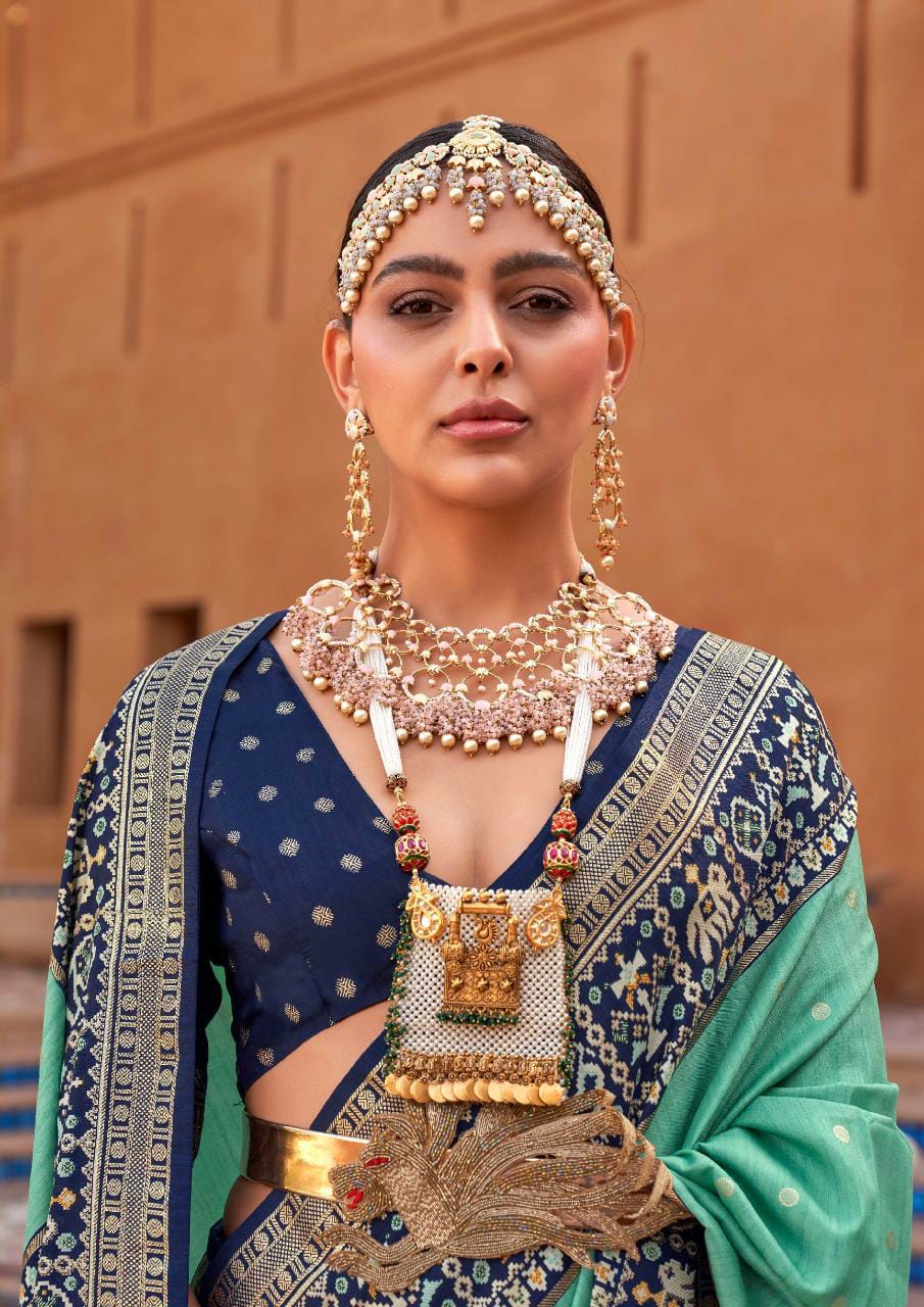 TRIRATH Pure Patola Mercerized Sigma Silk Saree (11 Pcs Set) with Gold Print & Designer Blouse