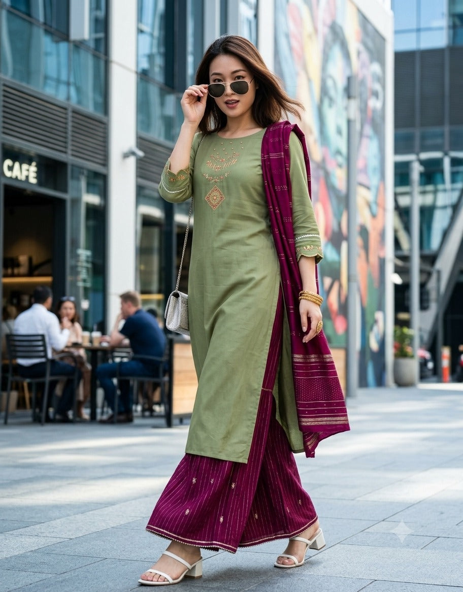 Vihana Muslin Handwork Kurti Set with Inner - Women's Ethnic Wear