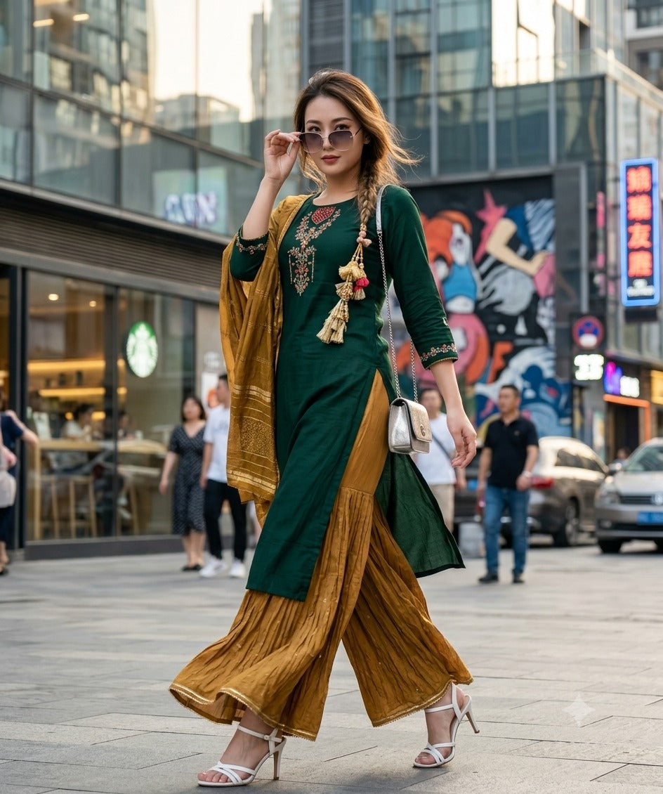 Vihana Muslin Handwork Kurti Set with Inner - Women's Ethnic Wear