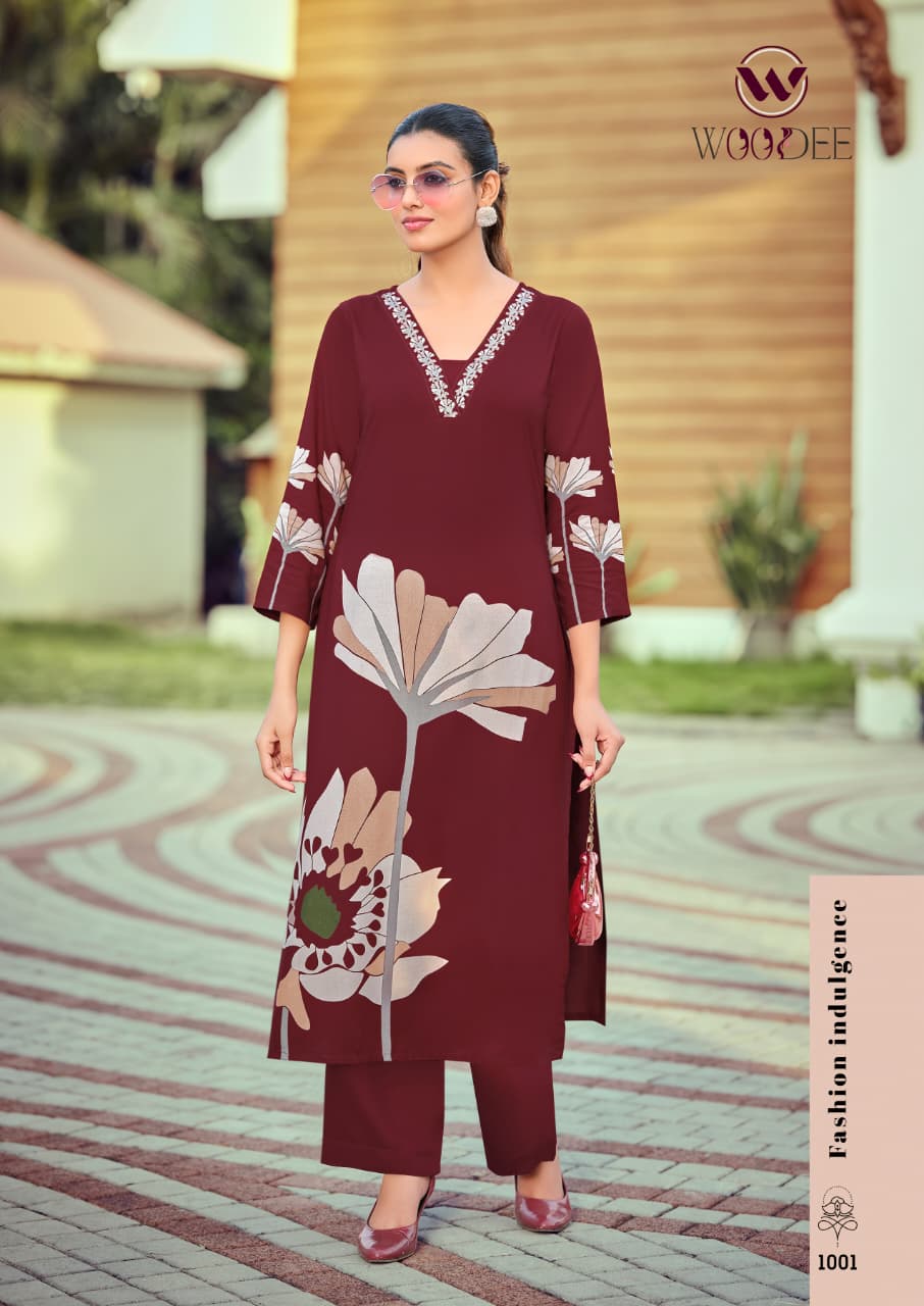 Woodee Harmeen Rayon Co-Ord Set Thread Work