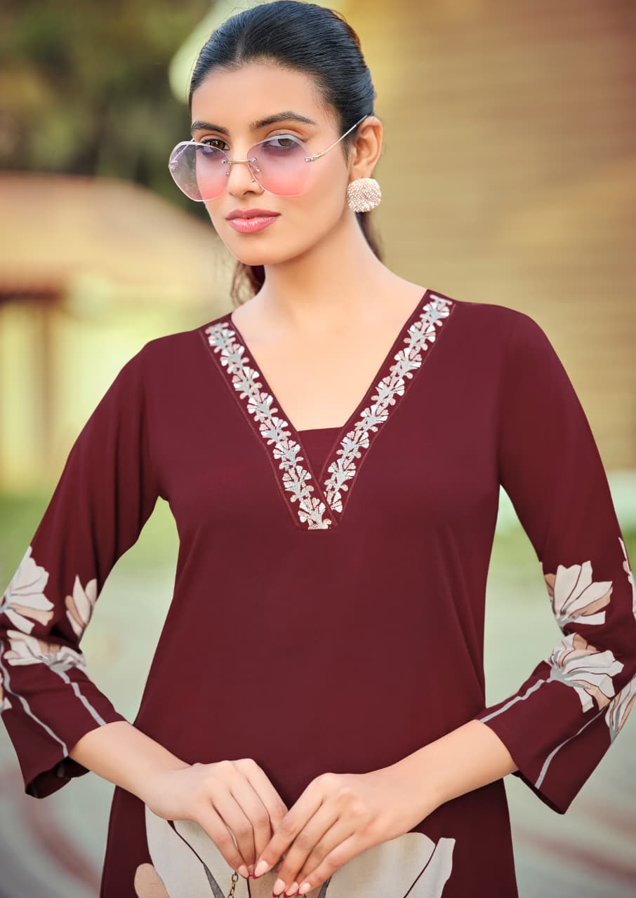 Woodee Harmeen Rayon Co-Ord Set Thread Work