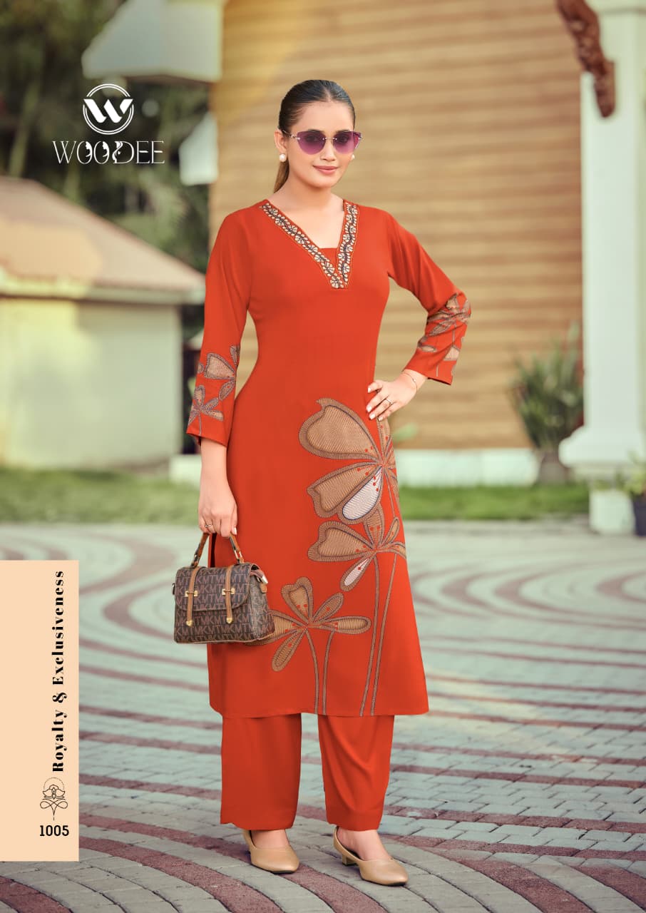 Woodee Harmeen Rayon Co-Ord Set Thread Work