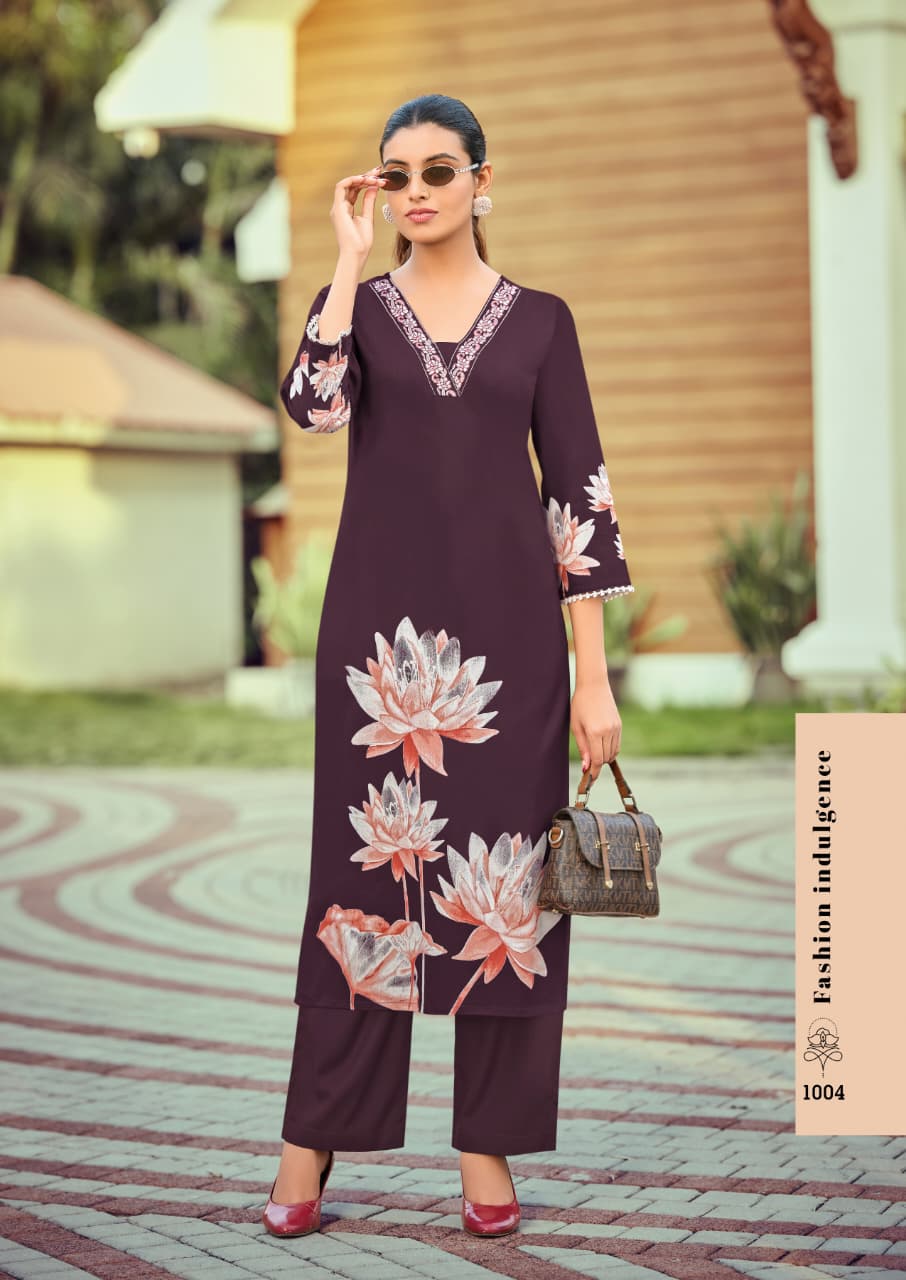 Woodee Harmeen Rayon Co-Ord Set Thread Work