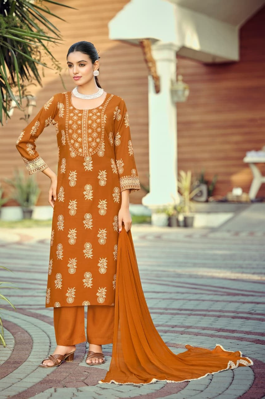 Woodee Nandini Rayon Suit Set 6 Pcs S to 3XL