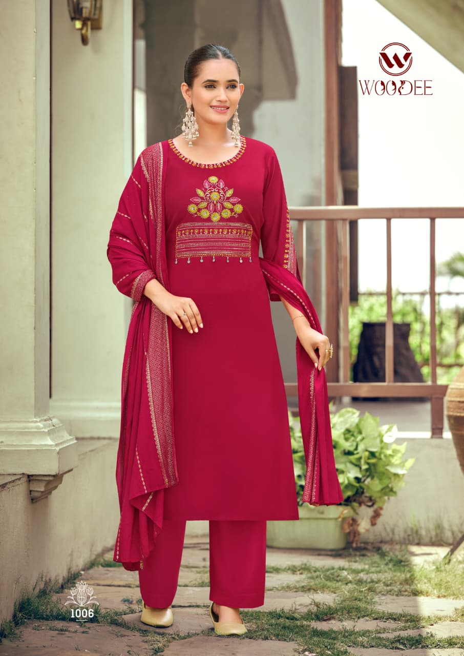 Woodee Nikhaar Rayon Straight Cut Kurti Palazzo Dupatta Set - 6 PCS Set