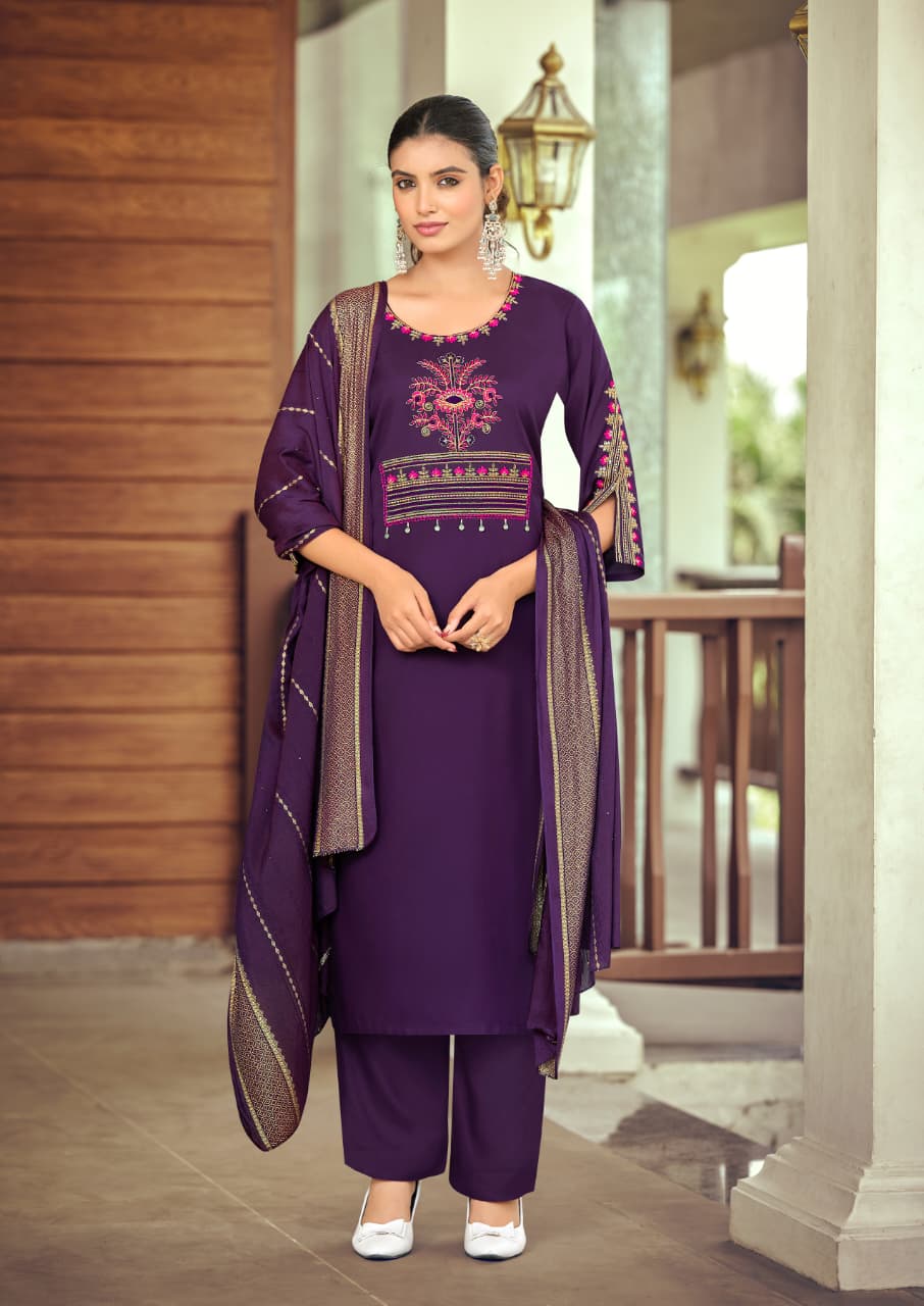Woodee Nikhaar Rayon Straight Cut Kurti Palazzo Dupatta Set - 6 PCS Set