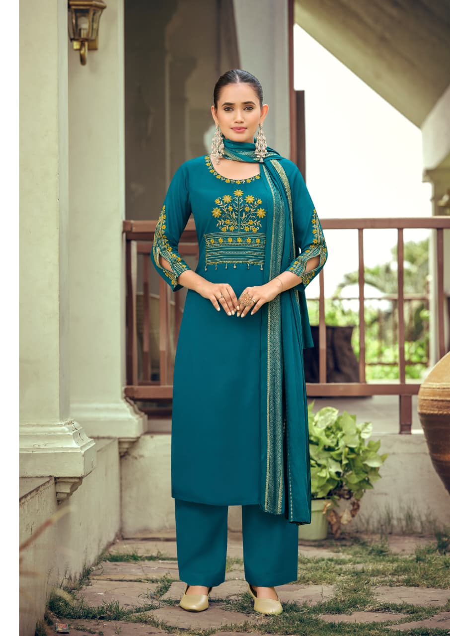 Woodee Nikhaar Rayon Straight Cut Kurti Palazzo Dupatta Set - 6 PCS Set