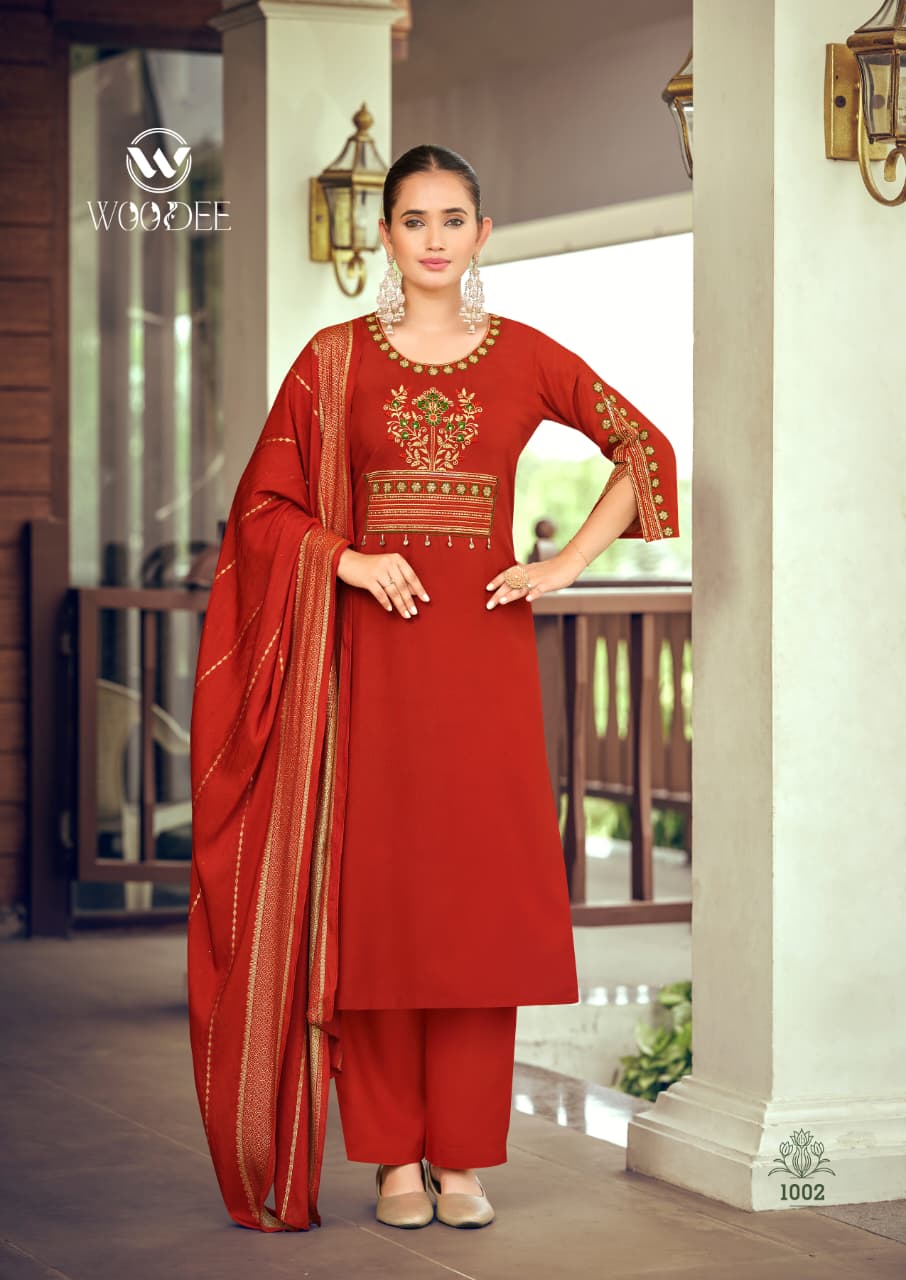 Woodee Nikhaar Rayon Straight Cut Kurti Palazzo Dupatta Set - 6 PCS Set