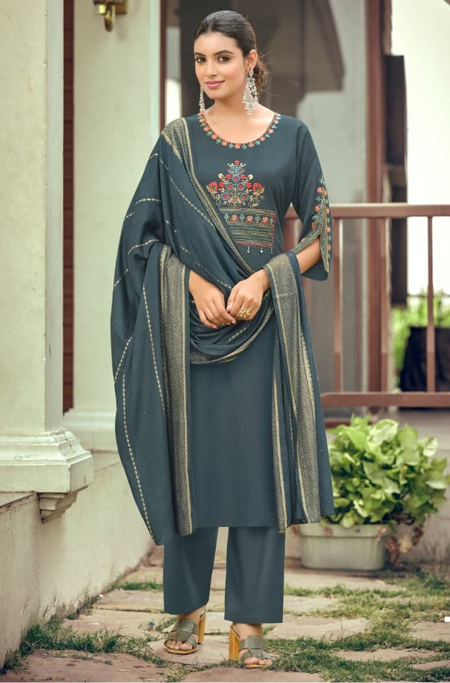 Woodee Nikhaar Rayon Straight Cut Kurti Palazzo Dupatta Set - 6 PCS Set