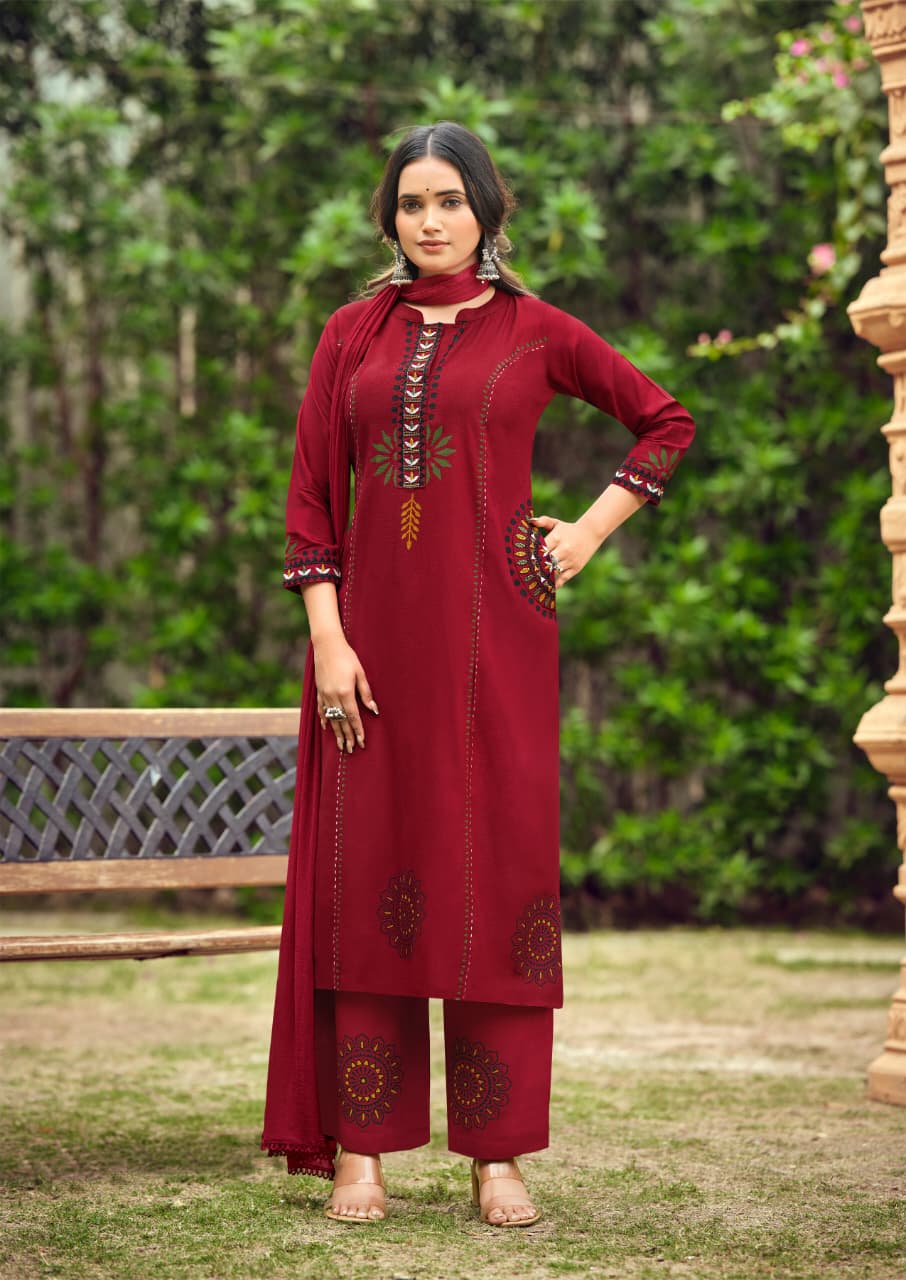 WOODEE Saanvi Rayon A-Line Kurti Pant Dupatta Set - Embroidered 3 Piece Suit