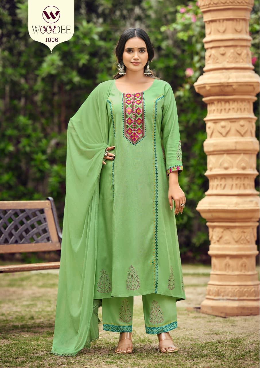 WOODEE Saanvi Rayon A-Line Kurti Pant Dupatta Set - Embroidered 3 Piece Suit