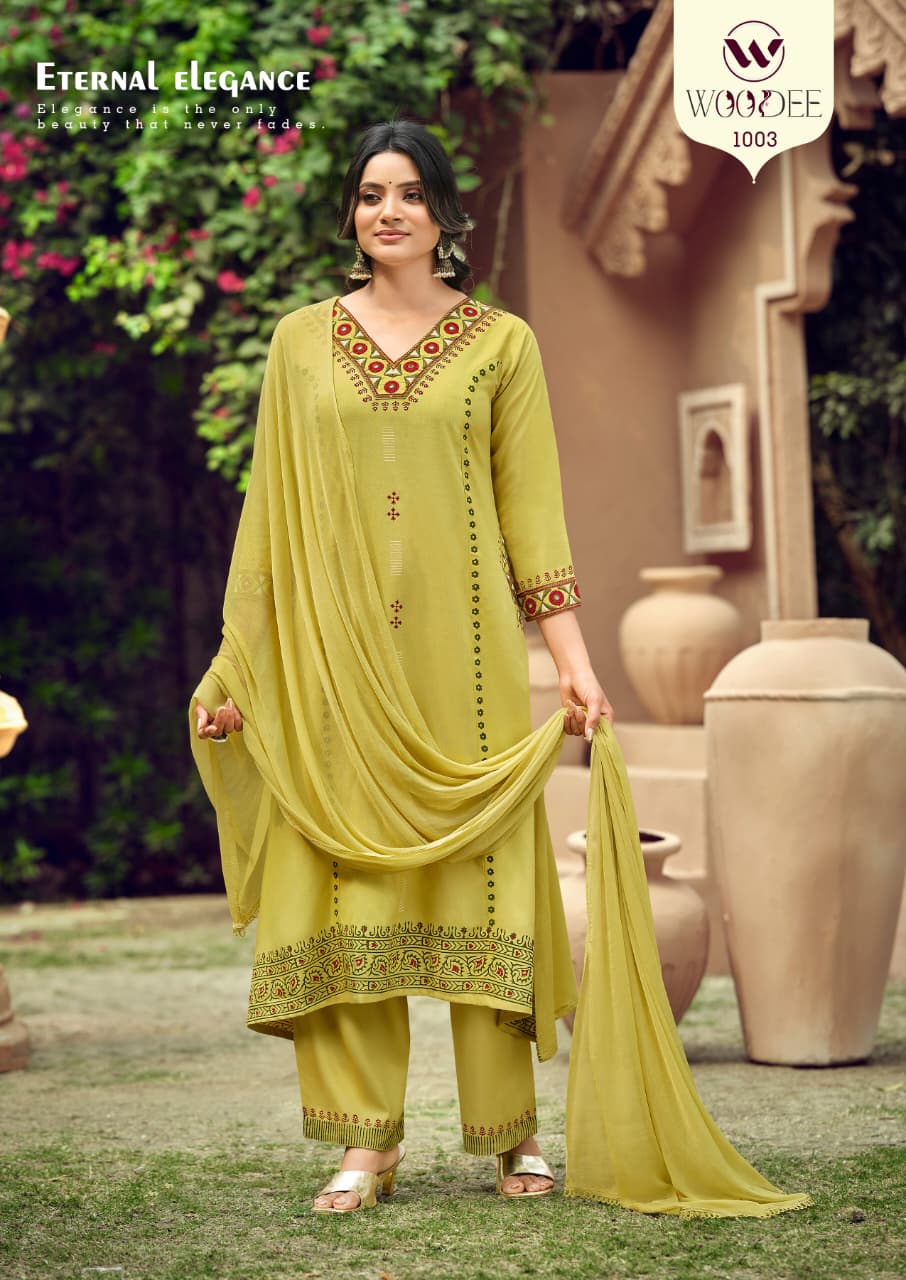 WOODEE Saanvi Rayon A-Line Kurti Pant Dupatta Set - Embroidered 3 Piece Suit