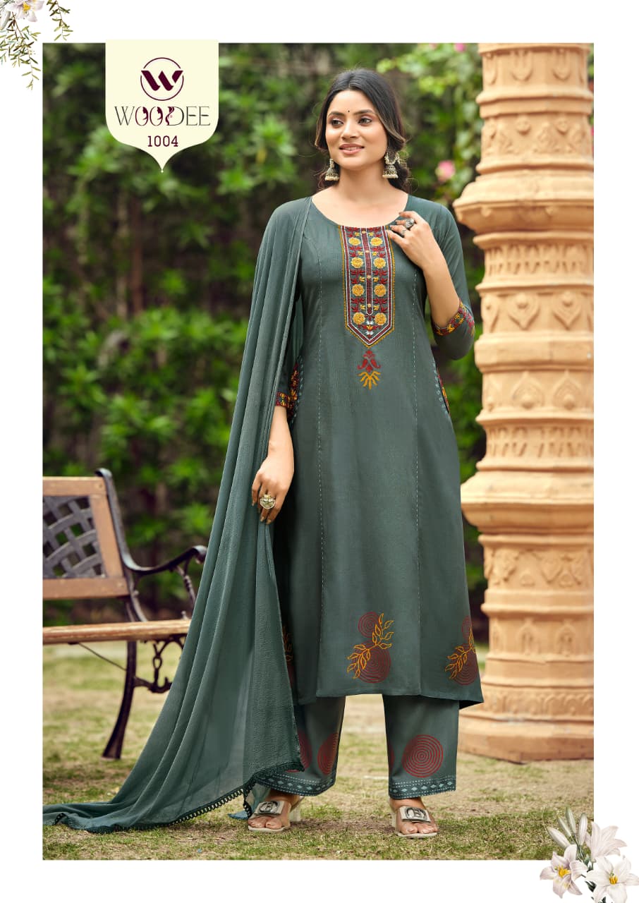 WOODEE Saanvi Rayon A-Line Kurti Pant Dupatta Set - Embroidered 3 Piece Suit