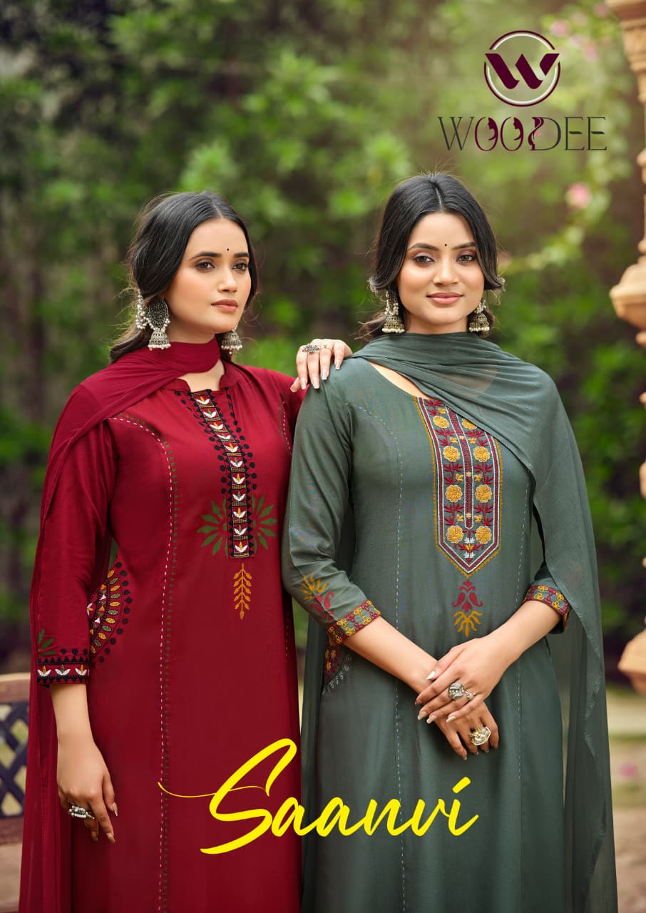WOODEE Saanvi Rayon A-Line Kurti Pant Dupatta Set - Embroidered 3 Piece Suit