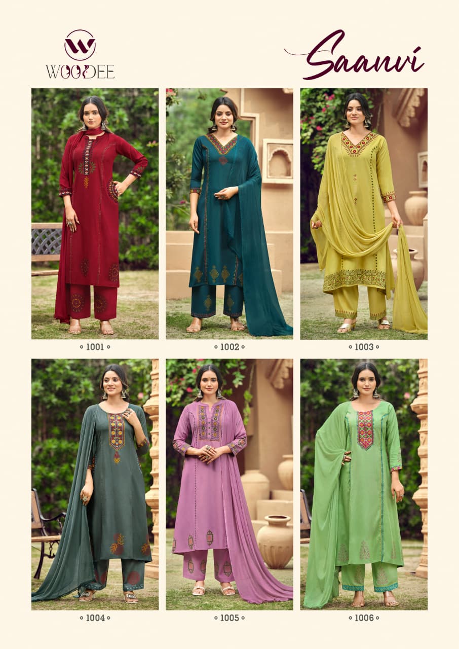 WOODEE Saanvi Rayon A-Line Kurti Pant Dupatta Set - Embroidered 3 Piece Suit