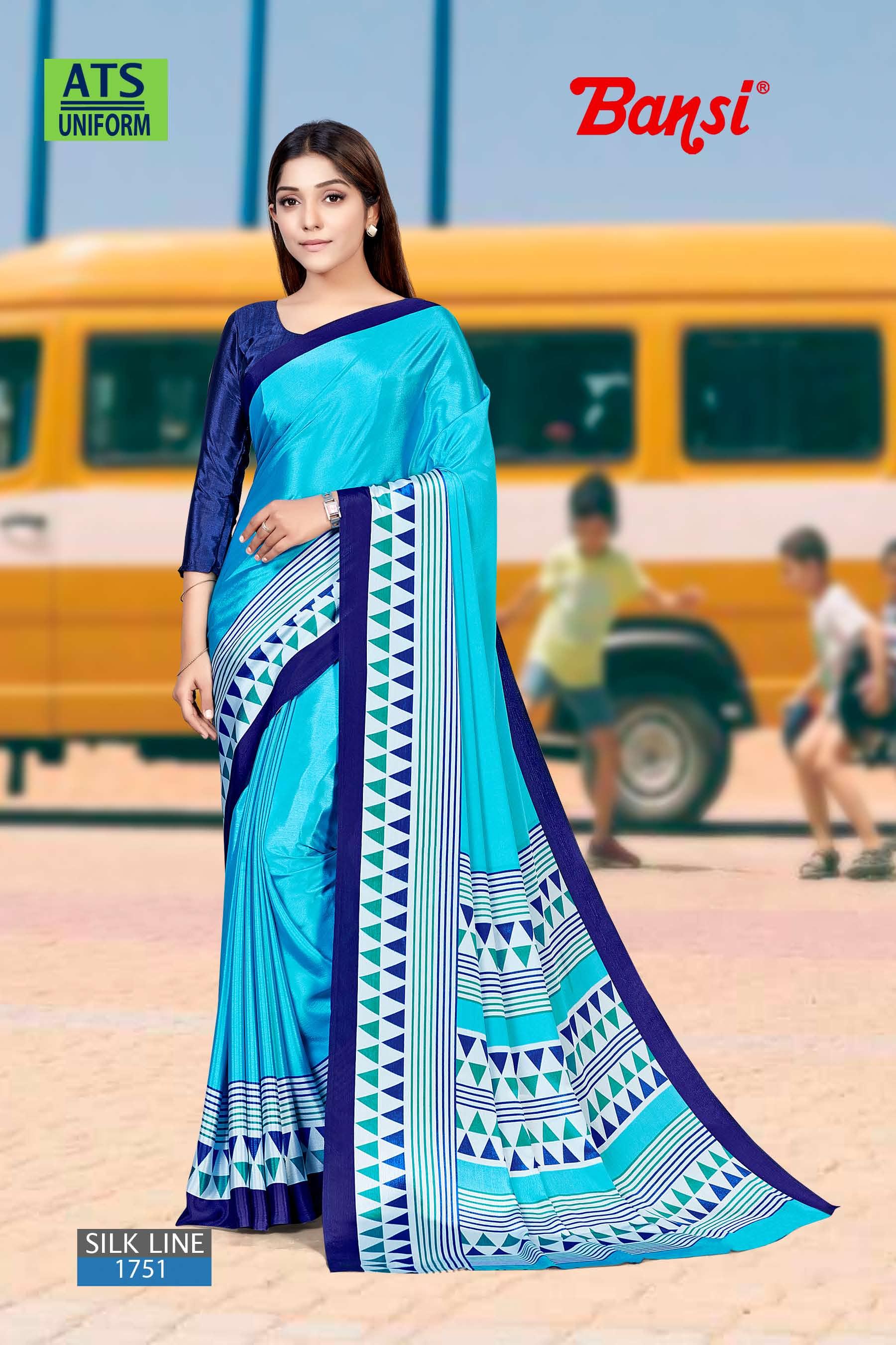 Blue Printed Crepe Silk Uniform Saree With Blouse Piece - ASHWATH - 3698943